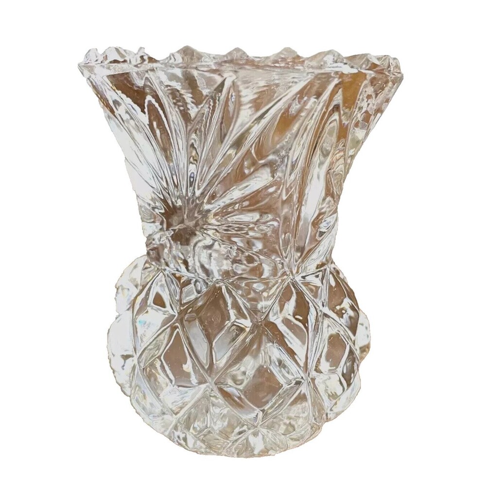 Vintage Toothpick Holder Pineapple Thistle Clear Lead Cut Glass Sawtooth Edge